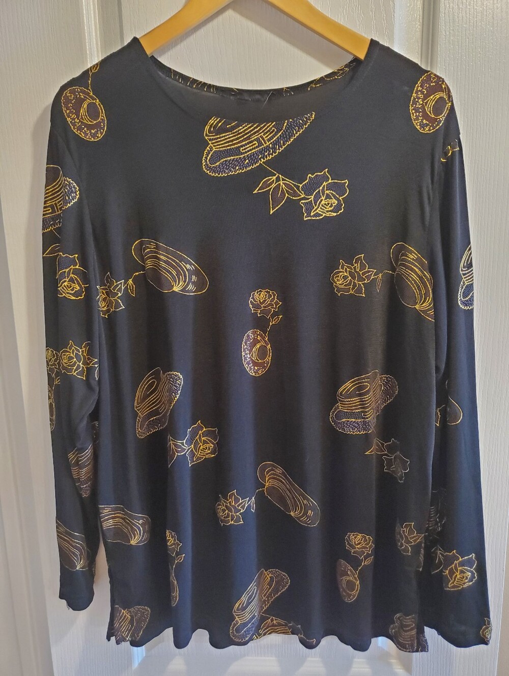 Long-Sleeve Black Top with Gold Floral & Hat Print